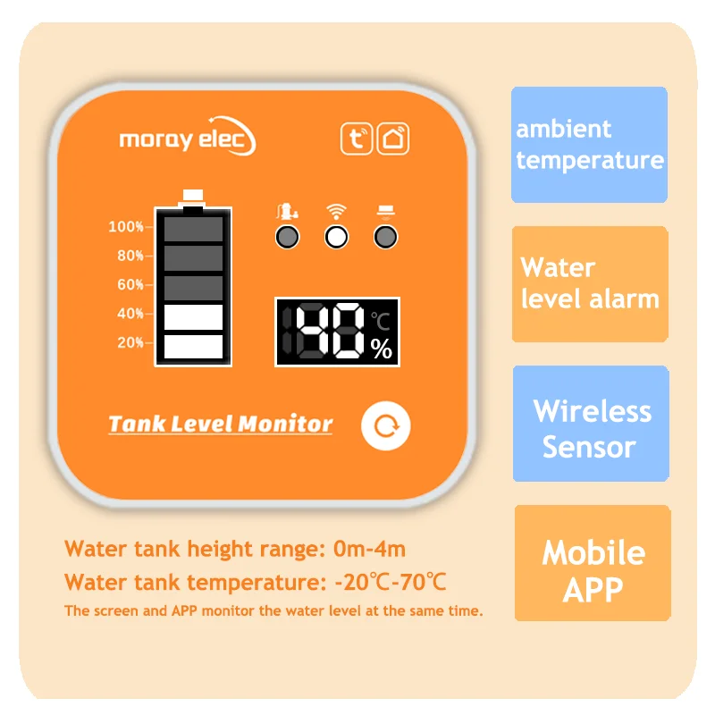 Moray ME201R Ultrasone watervloeistofdiepte-niveaumeter LCD-alarm op afstand Temperatuurweergave Mobiele draadloze vloeistofniveaumonitor