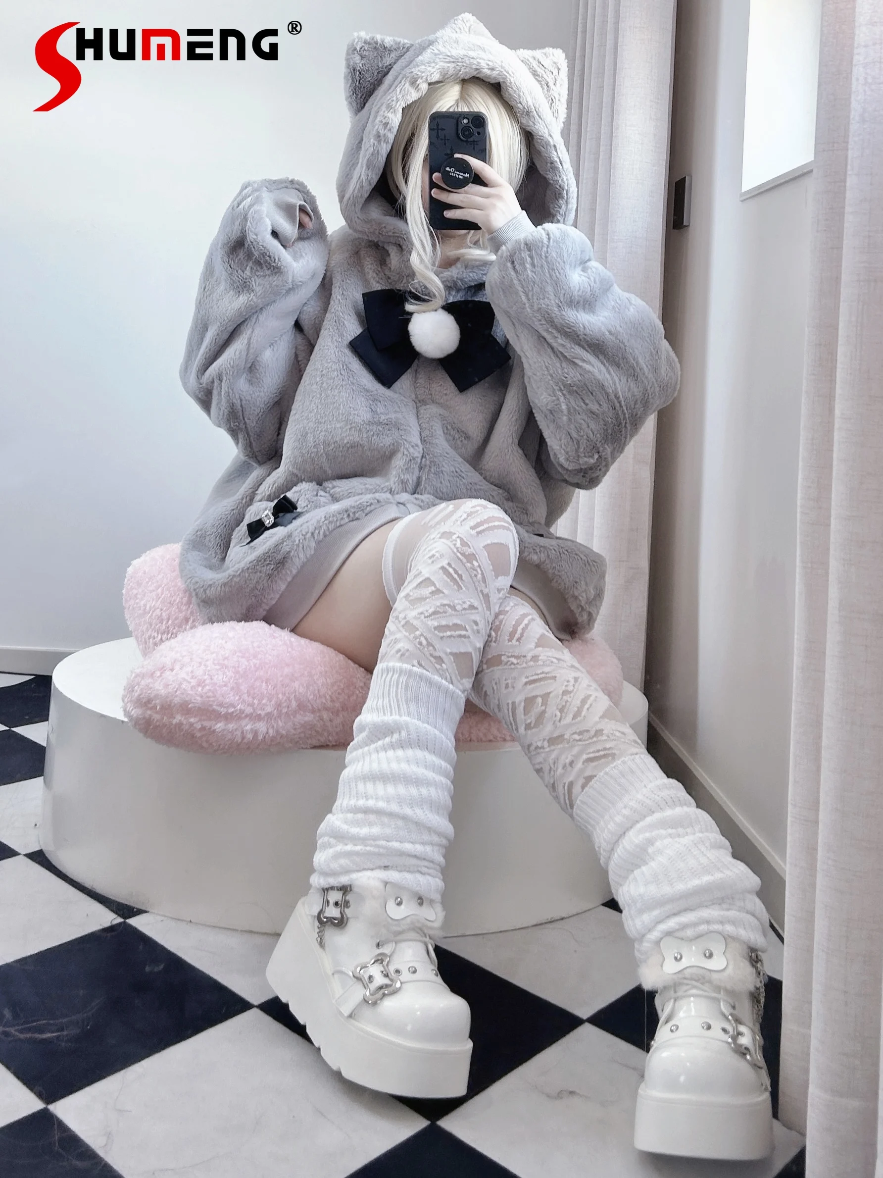 

Japanese Mine Style Mass-produced Sweet Bow Love Pocket Cute Cat Ear Hooded Thickened Warm Plush Sweatshirt Jacket Women Winter