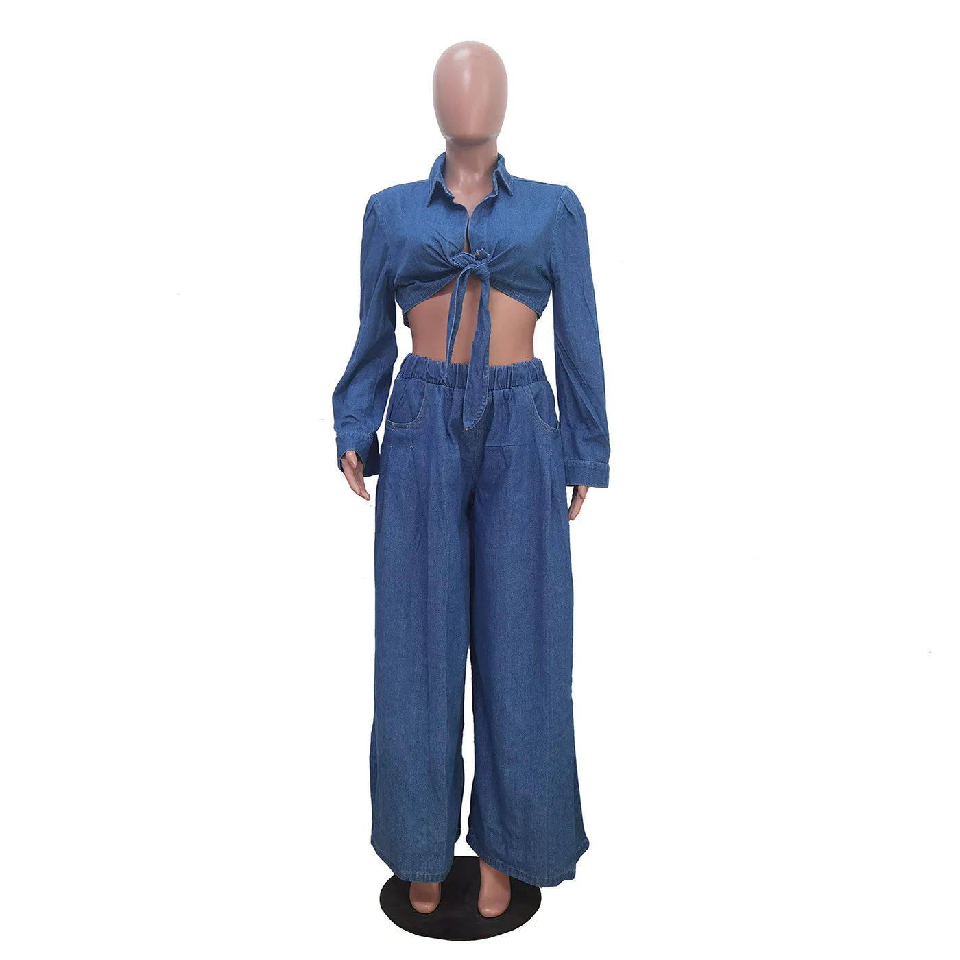 Damski 2-częściowy zestaw Denim Crop Top Tie Knot Shirt Cardigan + Spodnie z szerokimi nogawkami Party Clubwear Luźny strój Dresy