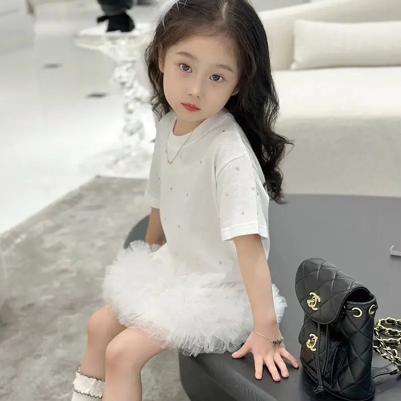 Mädchen-T-Shirt-Tutu-Kleid, kurzärmeliges, mit Strass verziertes Baumwoll-Oberteil mit Tüllrock, modisches, lässiges Prinzessinnen-Sommerkleid für Kinder