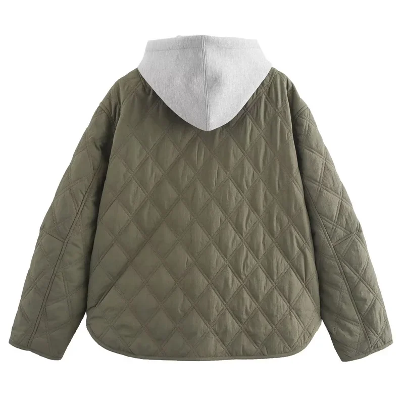 TRAF Damska kurtka bomberka Crop Quilted Jacket Army Green Hooded Padded Jacket Long Sleeve Zip Up Jacket Warm Winter Woman Coat