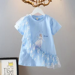 Casual Girl Dress Disney Frozen Elsa Princess Pullover T-shirt Dresses Summer Child Girl Ruffles Vestidos Printed Cartoon Dress