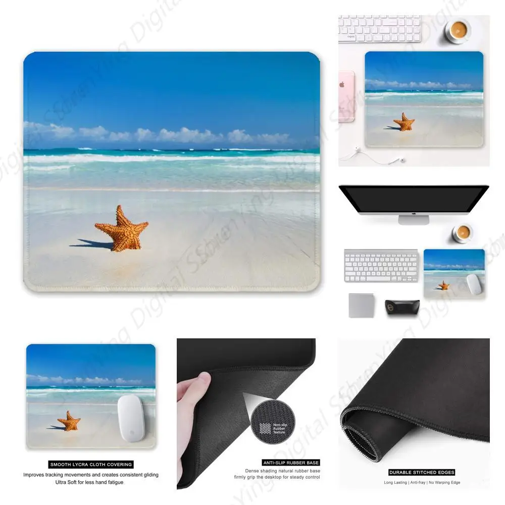 Tapete de mouse de borracha antiderrapante com design de praia e estrela do mar com bordas costuradas adequado para jogos, escritório, laptop, mouse pads 25*30cm