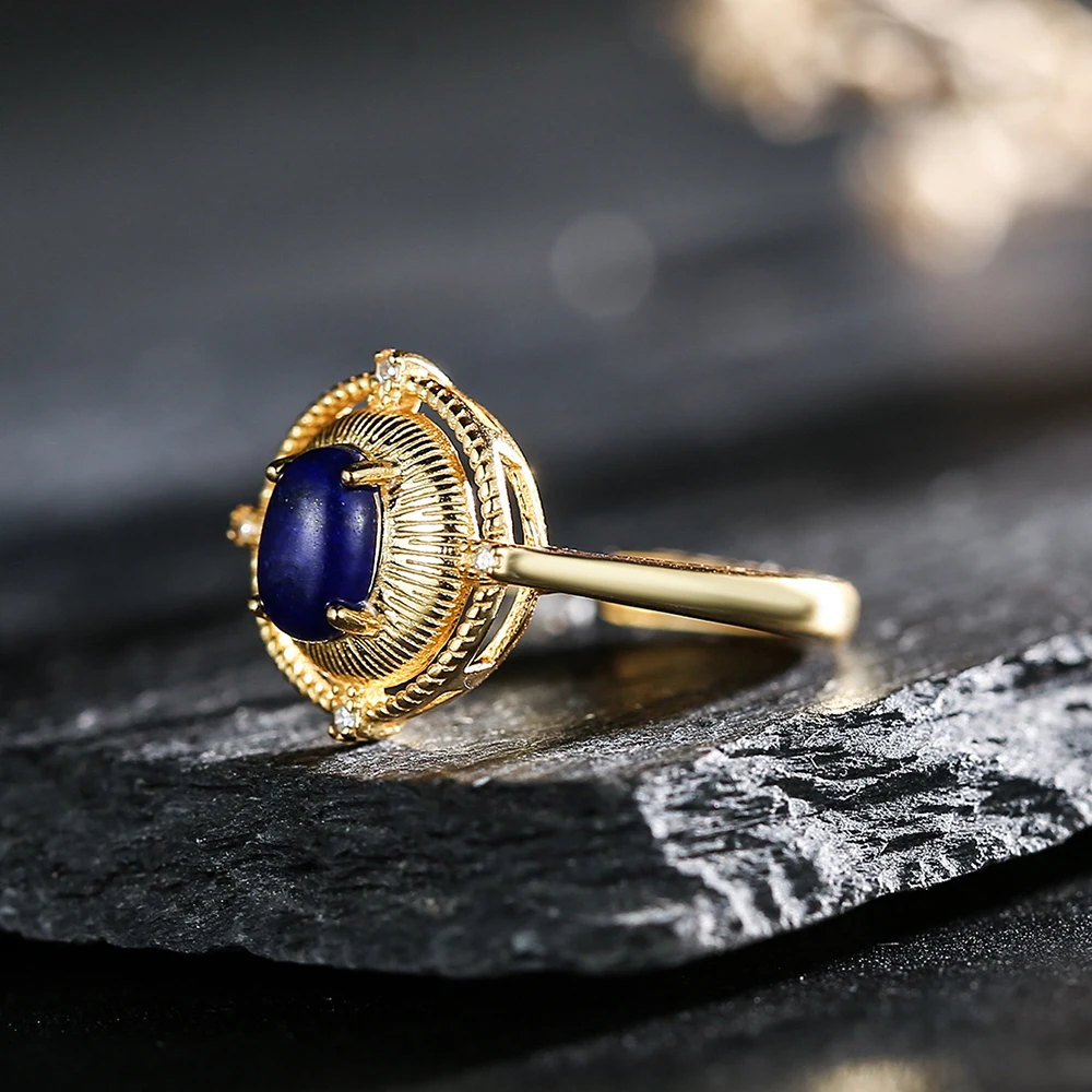 New S925 pure silver 18k gold ring inlaid with natural crystal lapis lazuli women's ring wedding jewelry accessories gift