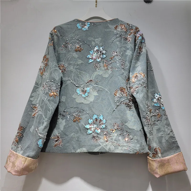 ANJY Spring Autumn New Women Chinese Style Floral Embroidered Flares Sequins Design Jacket O-Neck Loose Casual Denim Coat A25894
