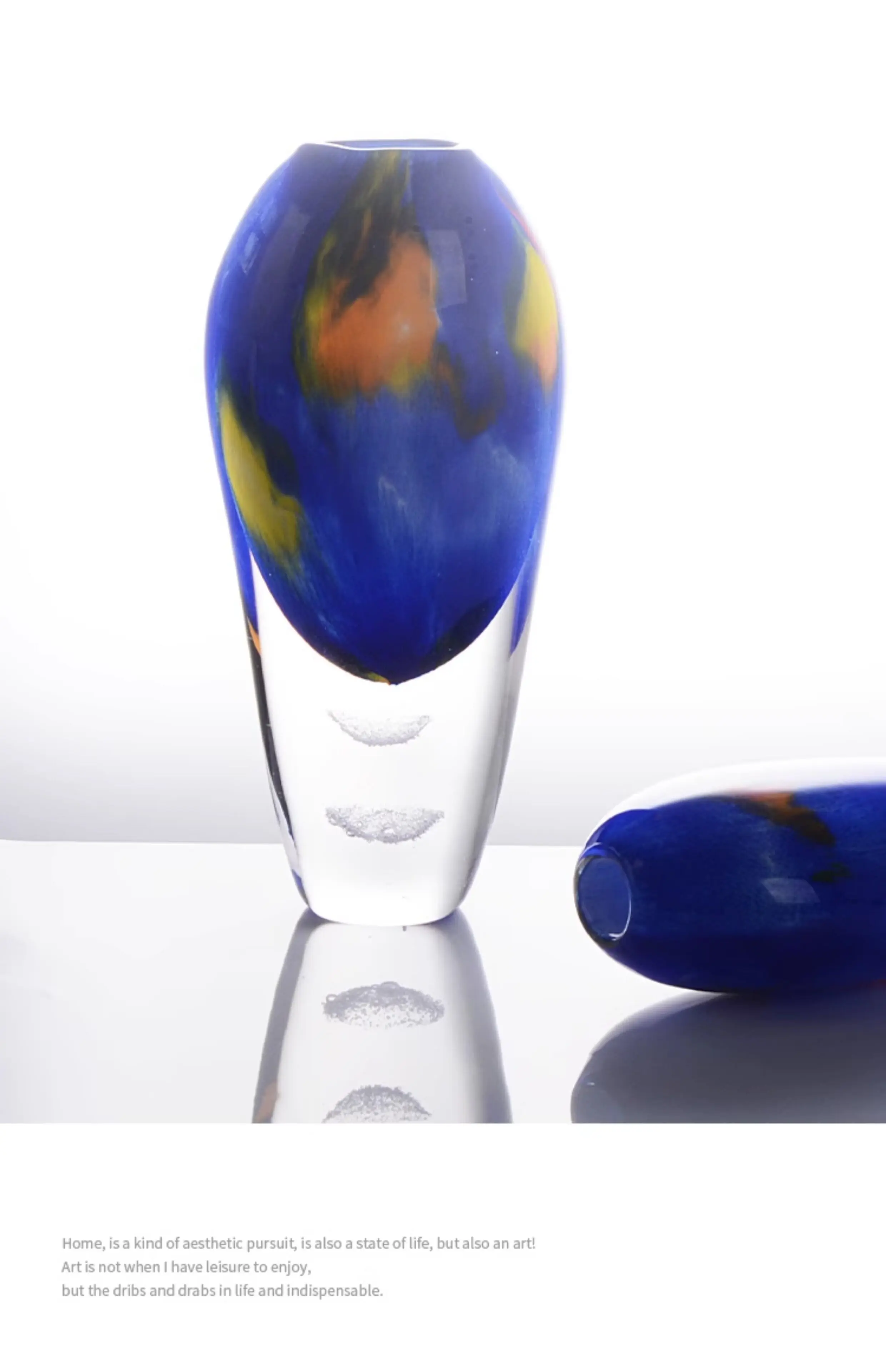 Blue multicolored high-end light luxury high-end glazed vase, transparent thickened glass art flower ware decorative ornament