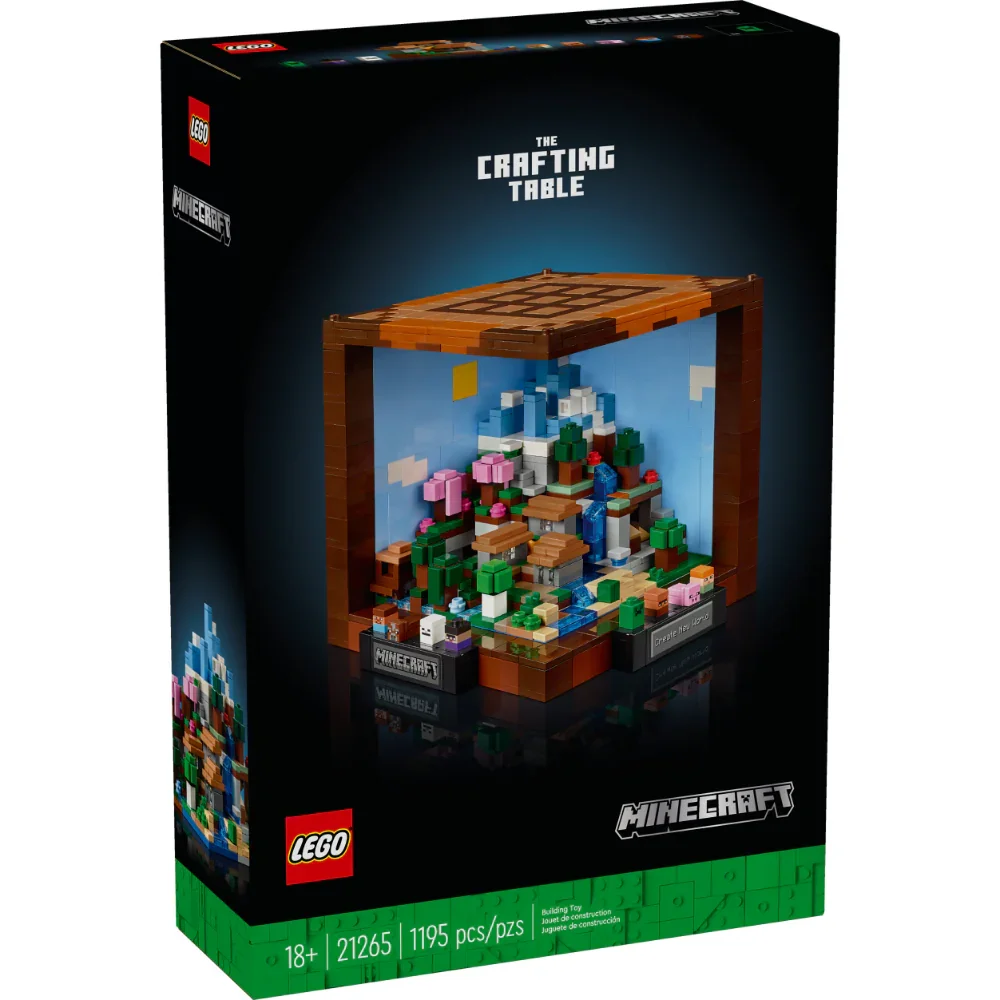 LEGO Minecraft Workbench Set 21265, a building model for adults celebrating 15 years of Minecraft, features 12 biomes, 5 mini builds, durable material, and includes digital instructions for a rewarding building experience. #1