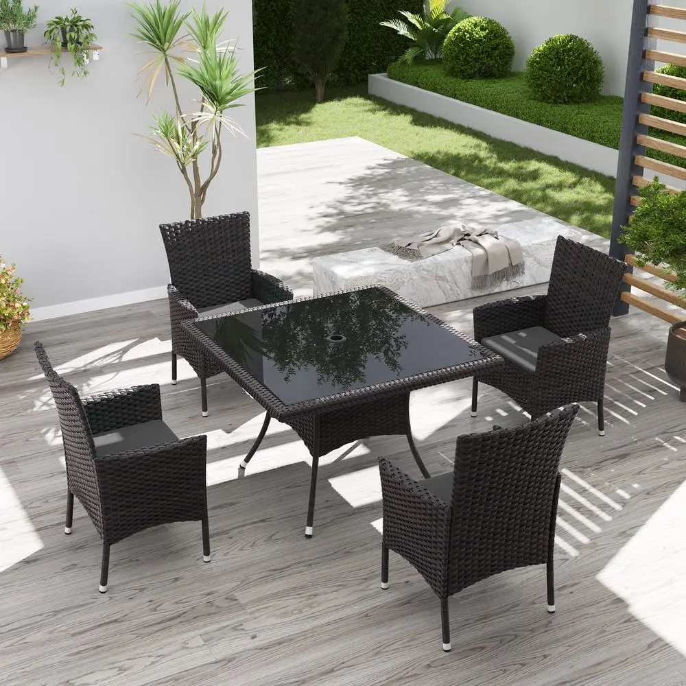 

5Piece Patio Furniture Outdoor Dining Set, Wicker Rattan Patio Dining Table and 4 Chairs Set, Square Tempered Glass Tabletop wi