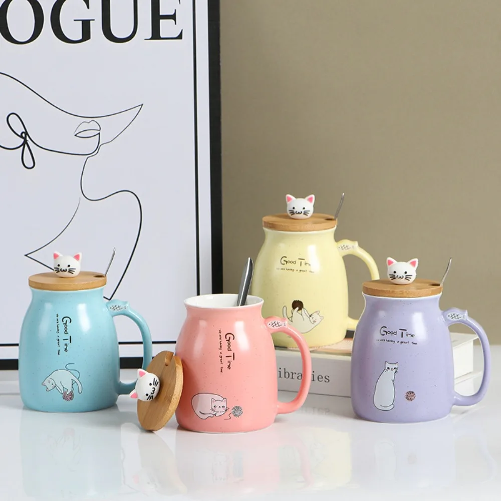 

Drinkware Japanese Style Cartoon Cat Mug 450ml with Wooden Lid Tea Cup Ceramic with Spoon Iced Yogurt Cup Kids