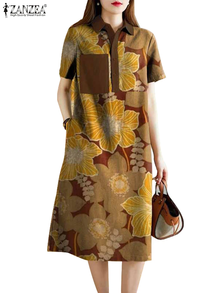 Vintage Summer Lapel Neck Short Sleeve Floral Printed Sundress ZANZEA Women Casual Loose Shirt Dress Oversize Holiday Vestido