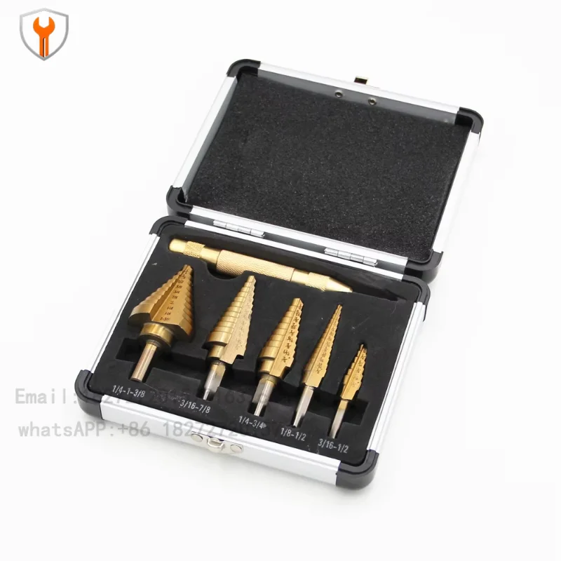 6-Piece aluminum box titanium-plated British triangular shank step drill center punch set