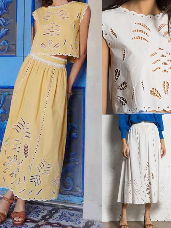 

Летний комплект ort Sve Белый вышитый топ и длинная юбка Le Design Молодежный комплект из хлопка с французским вырезом Fa...