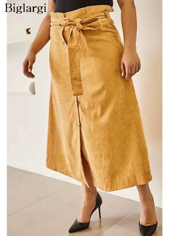 Plus Size Spring Corduroy Long A-Line Skirts Women Bow Fashion High Waist Ladies Skirts Casual Loose Split Pleated Woman Skirts