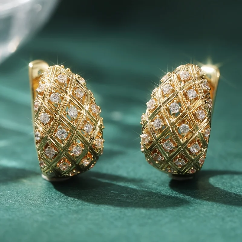 أقراط دائرية أنيقة باللون الذهبي مع زركونيا - طراز فرنسي لحفلات الزفاف والمناسبات الرسمية ومجوهرات الزفاف #3