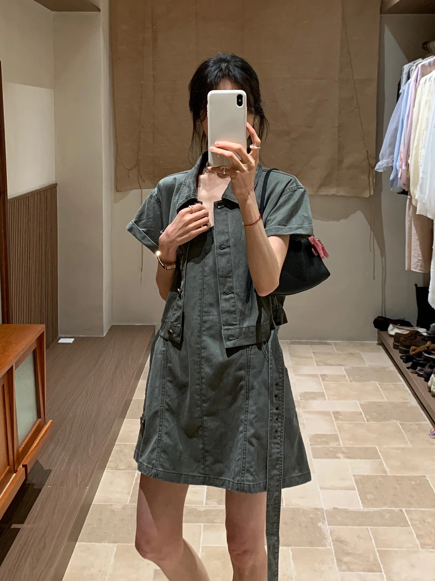 

Retro Hong Kong Style Short Sleeve Denim Set Women's Shirt Dress Short Two Piece Summer Fashion Ensemble No Brand Leather