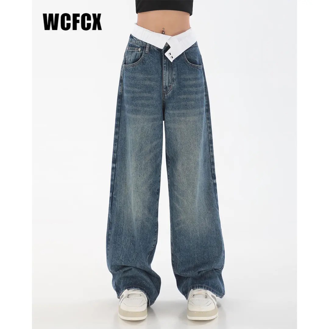 WCFCX STUDIO Flanging High Waist Jeans For Woman Fashion Streetwear Loose Denim Trousers Harajuku Straight Wide Leg pants