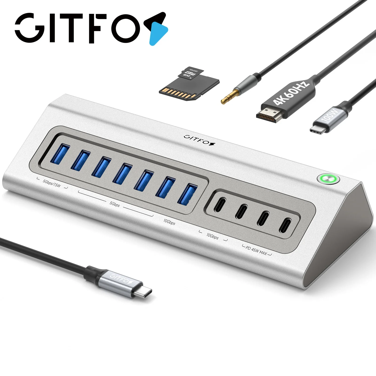 Giftos USB Hub, 18 in 1 USB 3.2 Hub with 4K HDMI,PD 100W,45W Charge,10Gbps USB, for Laptop,Mac,iPhone 17/16,iPad