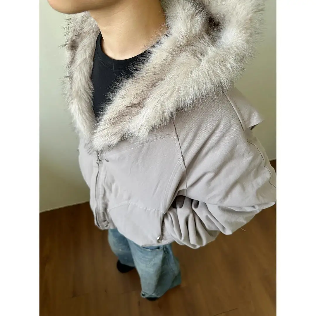 Retro Unisex Cleanfit Cotton Coat Man Women Eagle Fur Collar Hooded Jacket Thickened Winter Outerwear Parkas