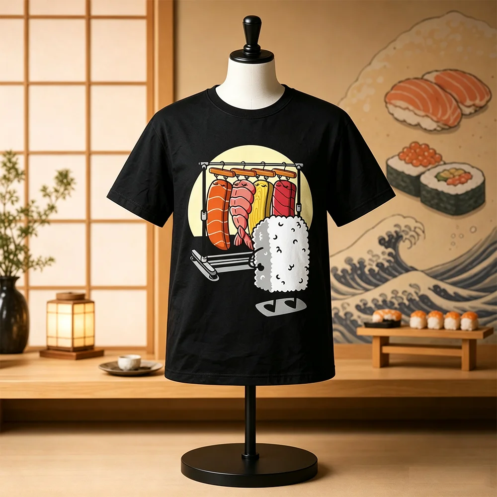 Unisex Funny Sushi Graphic T-Shirt Cotton Short-Sleeve Wardrobe Printed Top High Quality Loose Fit for Men Women Parent-Child