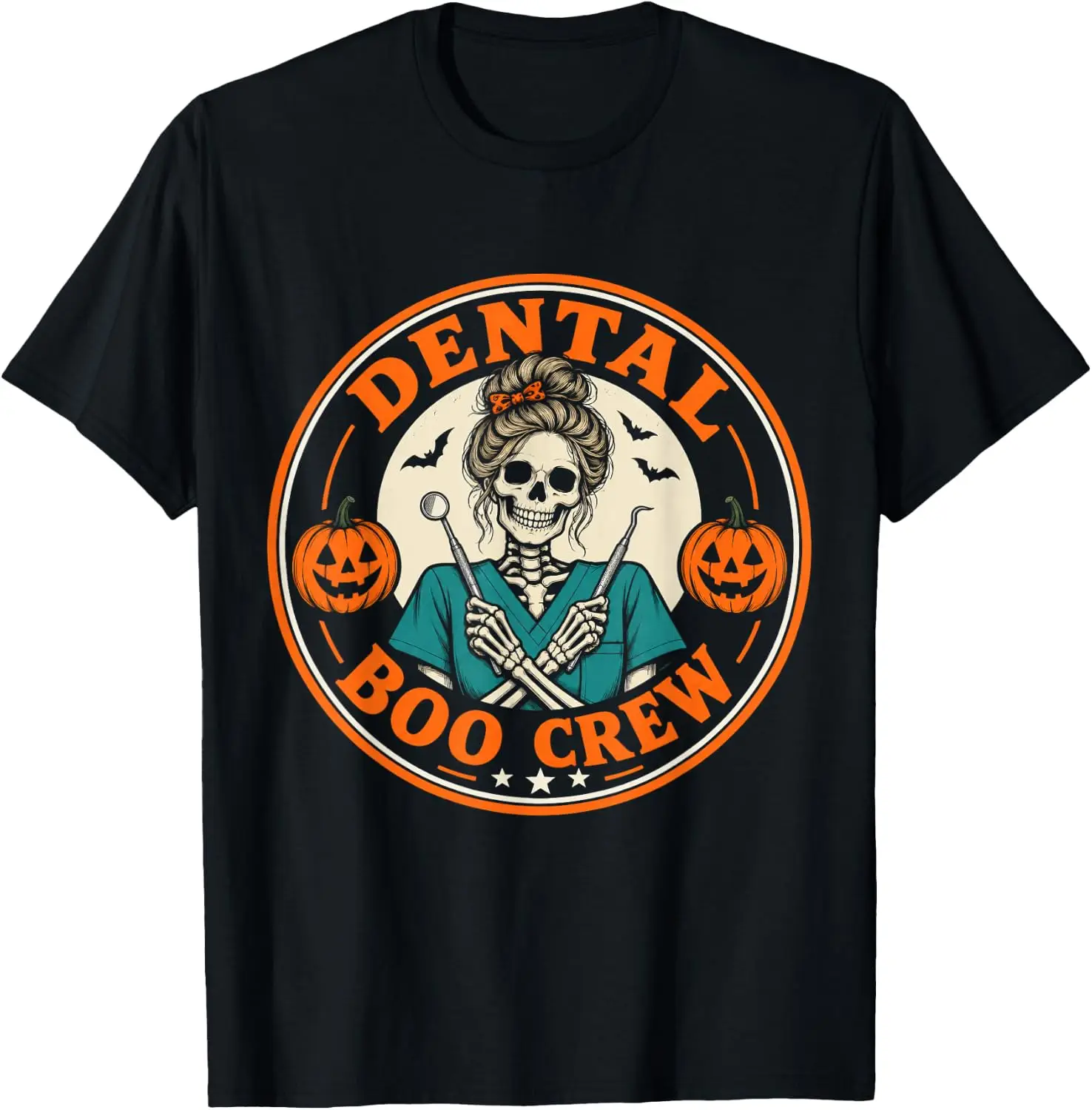 Dental Boo Crew Halloween Skeleton Hygienist Humor T-Shirt Breathable, heavyweight pure cotton short-sleeve top—stylish, plus-size, and suitable for year-round wear with a sporty, casual vibe