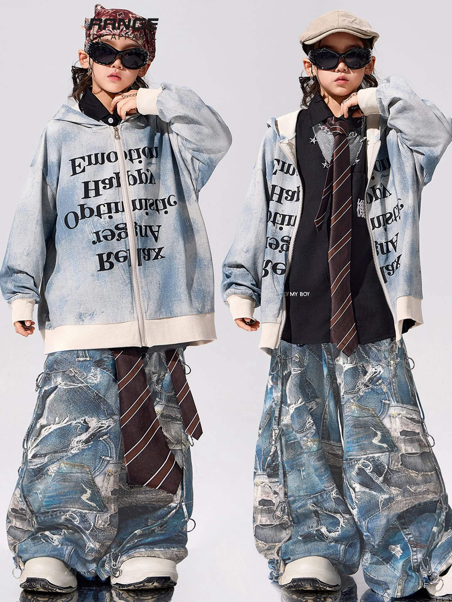 

Boys Fashion Hip Hop Costume Denim Cota Pants Hooded Suit Baggy Street Clothing Children Runway Stage Outfits Girls Wear BL18092
