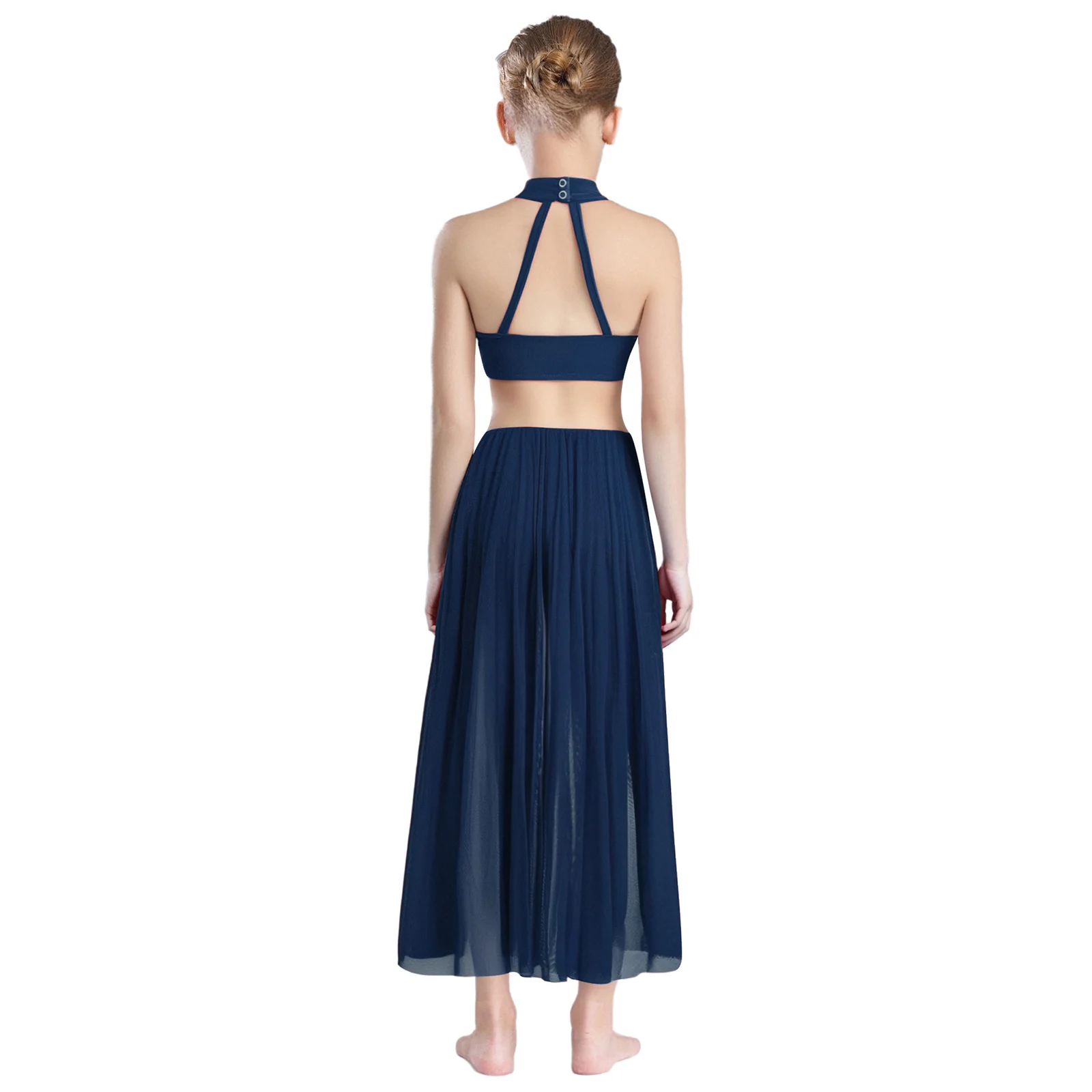 Mono de baile latino profesional para niños, traje de actuación de competición de baile de salón lírico con cuello Halter y espalda descubierta de malla con lentejuelas