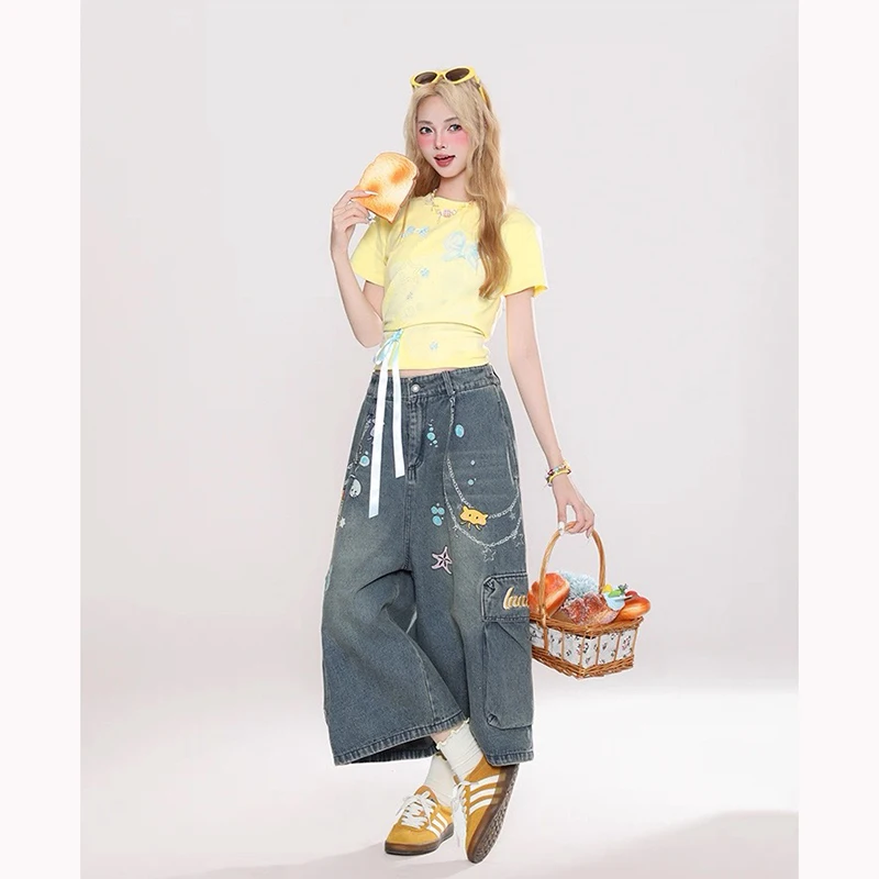 Y2K American Ins Slim Jeans larghi da donna Casual Fashion Street Basic Simple Jeans da donna Retro Blue Chicly Pantaloni a gamba larga Donna