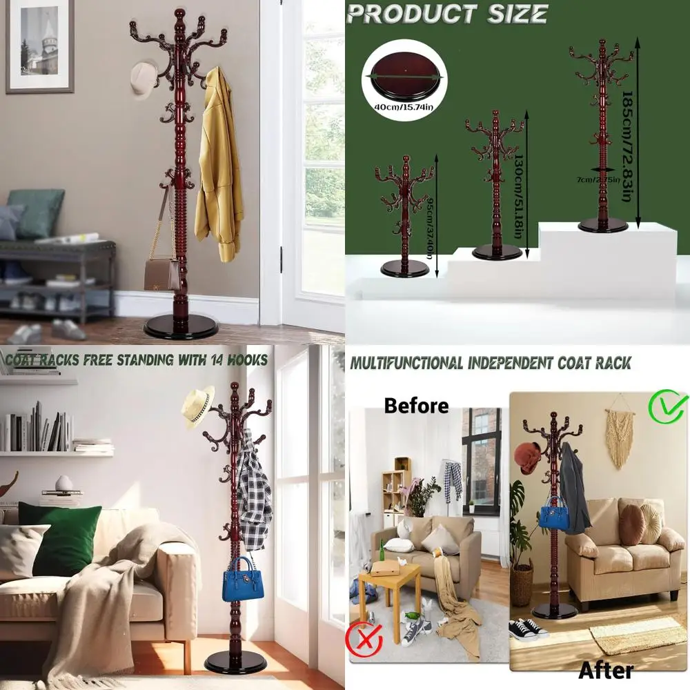 

Freestanding Wooden Coat Rack with 14 Hooks, Adjustable Height, Heavy Duty, Solid Round Base for Hall Tree