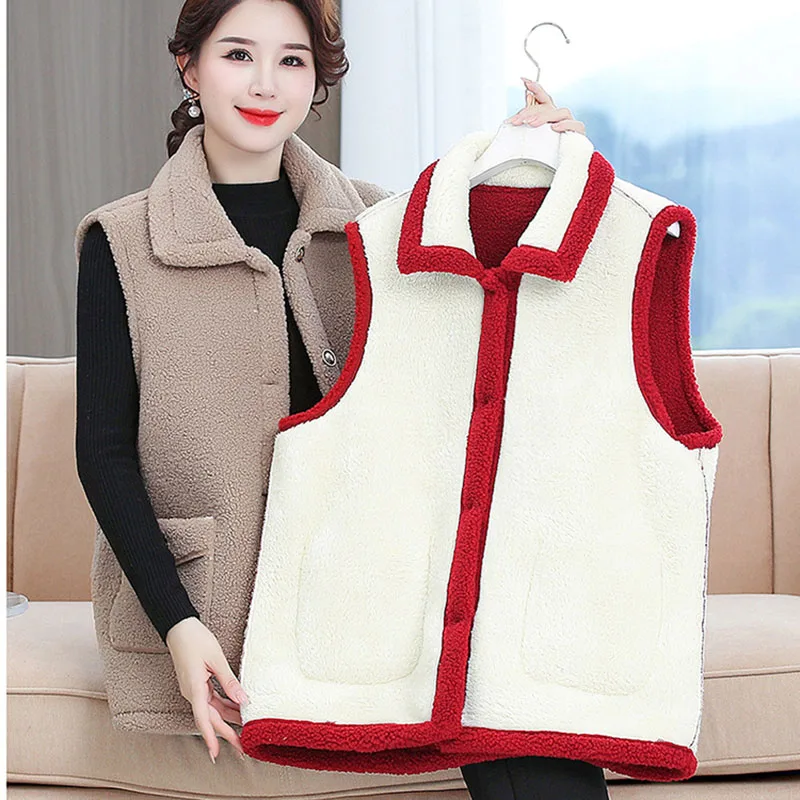

Autumn Winter Jackets Women Lamb Wool Vest New Thicke Velvet Sleeveless Jacket Middle Old Age Female Waistcoat Large Size