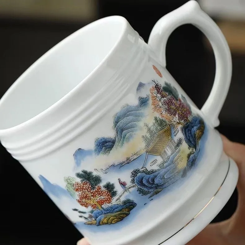 900 Ml Chinese Traditional Tea Cup with Lid Ceramic Blue and White Porcelain Office Large Capacity Water Milk Coffee Mug Teacup