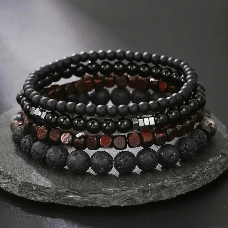 Hot Sale 4Pcs Multi-layer Men Elastic Bracelets Black Gall Stone Volcanic Wood Beads Couple Friend Jewelry Accessory Gift