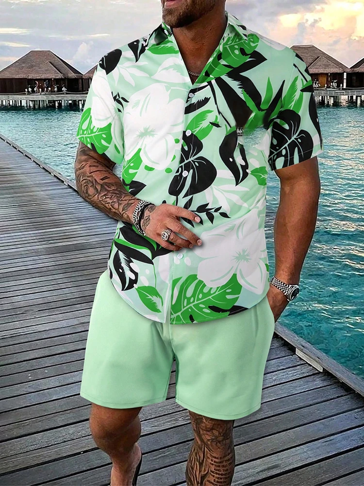 2024 Hawaiian Men\'s Short-sleeved Shirt And Beach Shorts Set Daily Comfortable Men\'s Casual Shirt Summer Breathable Men\'s Shorts