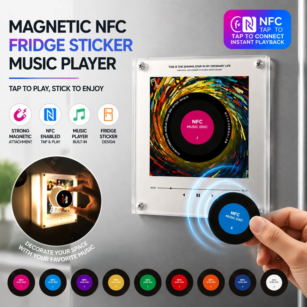 NFC Smart Fridge Magnet Music Player with 9 Discs Night Light Induction Audio Player Magnetic Refrigerator Sticker Creative Gift