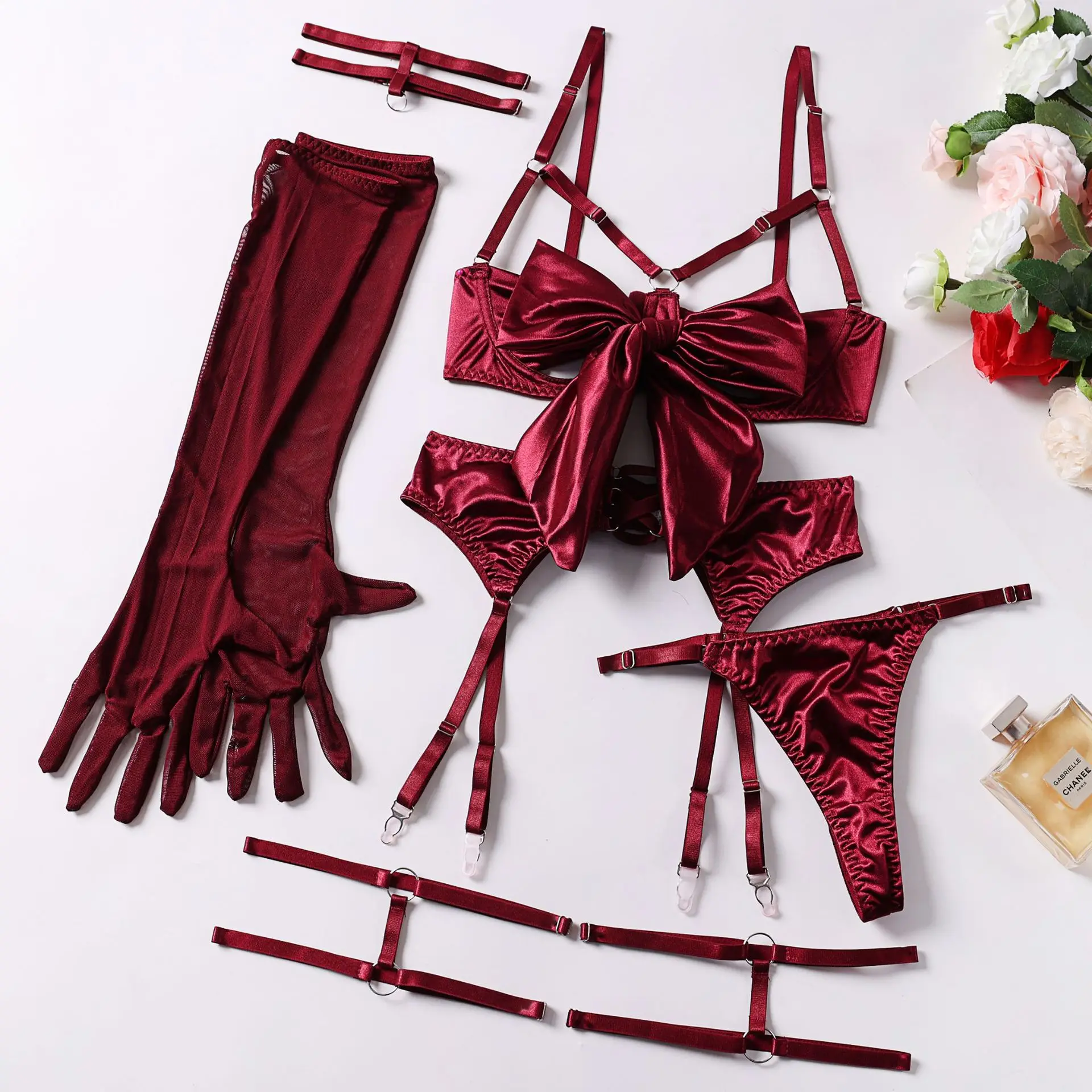 

Sexy Hollow Out Bow Decor Lingerie Set Women Solid Exotic Apparel Suit Female Pure Desire Style Underwear with Garter and Gloves
