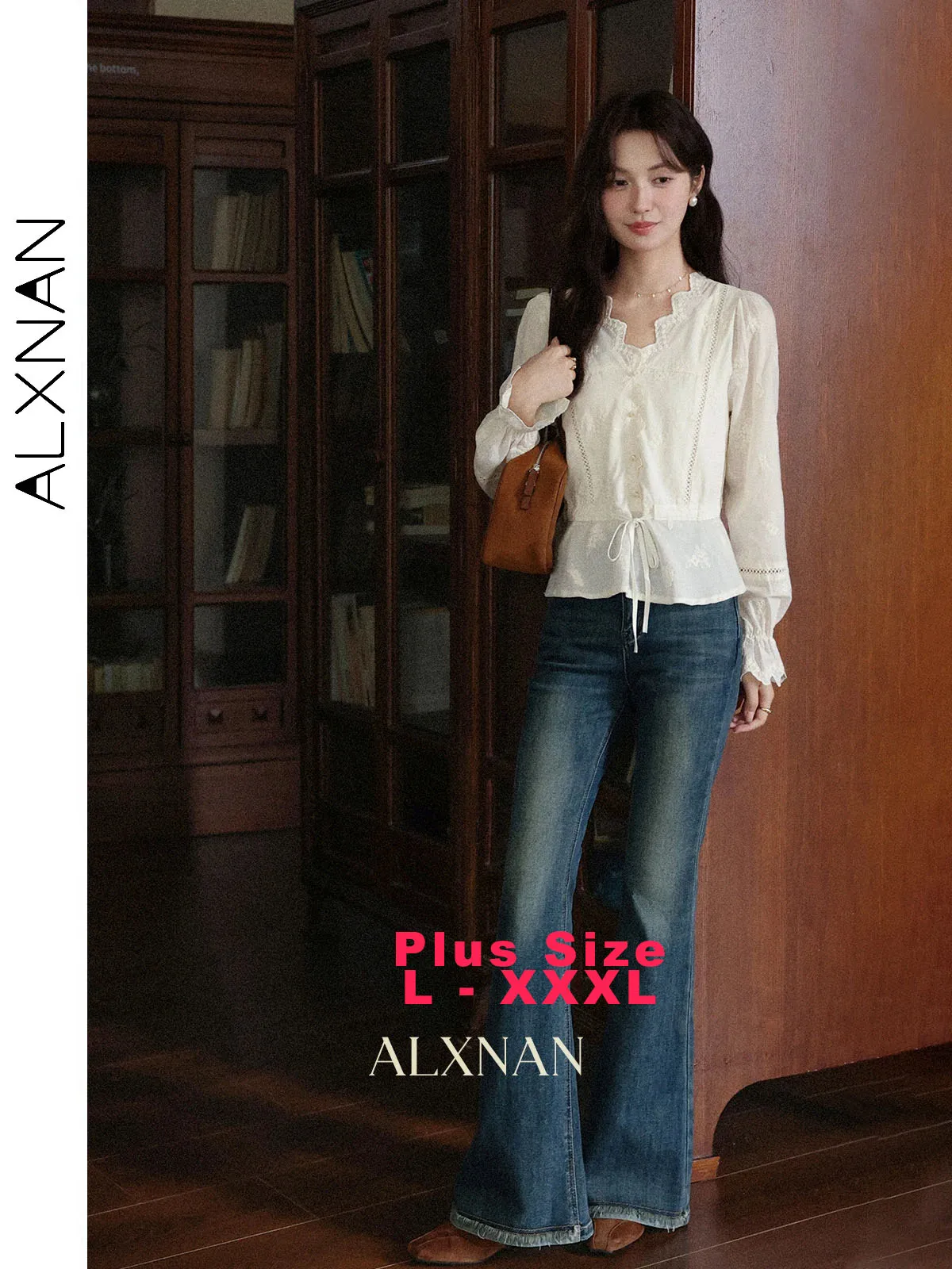 

ALXNAN Plus Size Shirt Women's Embroidered Hollow Ruffle V-neck Cotton 100% Shirts Autumn Elegant Long Sleeve Tops Female D12918