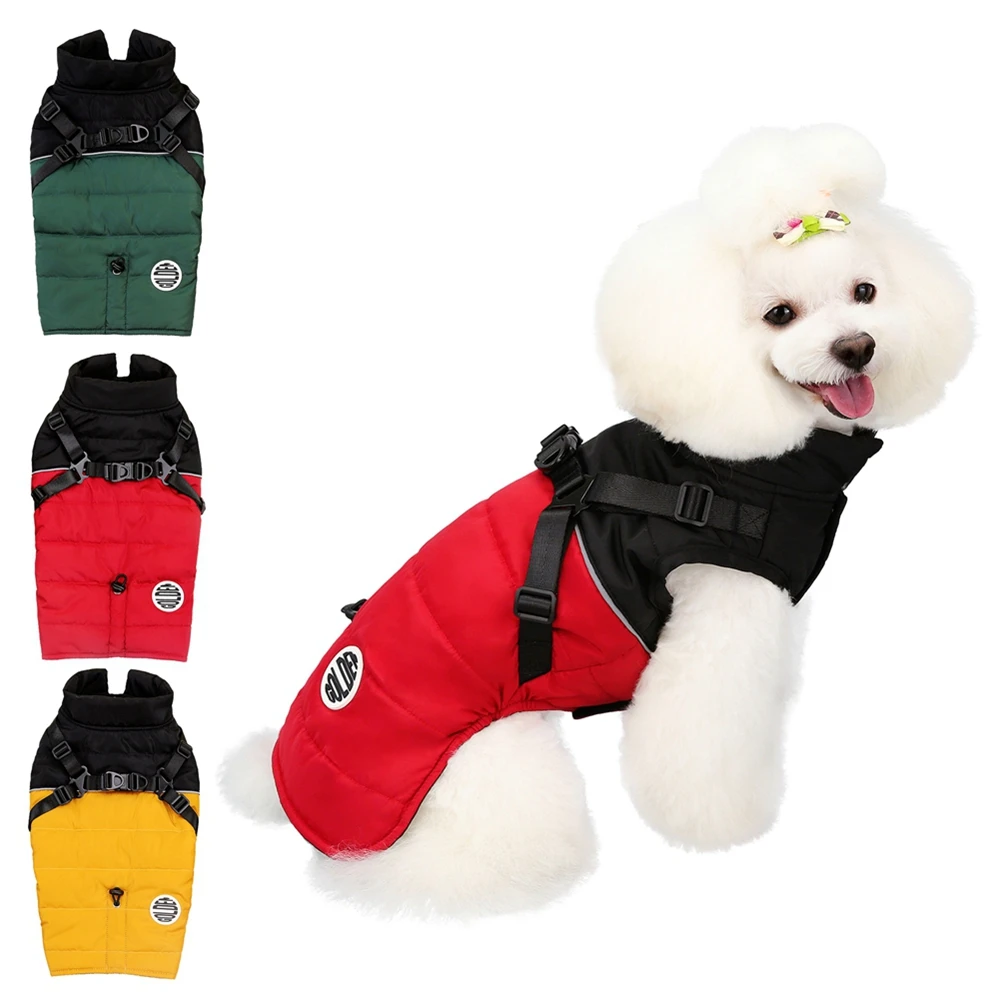 Roupas quentes com arnês para cães pequenos e médios, jaqueta impermeável, roupa de buldogue francês, traje de Chihuahua, inverno