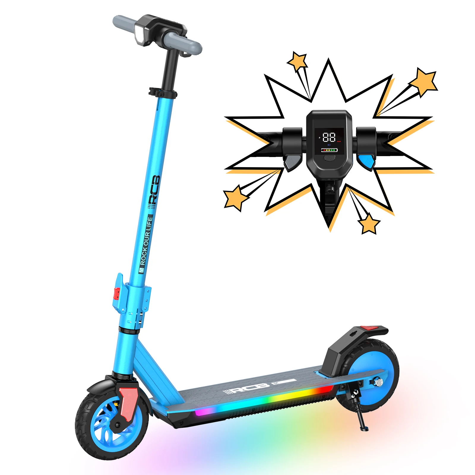RCB KIDS Elektrische Step Kinderen 6-12 Jaar R12 PRO 150W Motor tot 18km h Opvouwbaar 3 Hoogtes Verstelbaar 15km Bereik 7 Inch Massieve Banden LED Kleurendisplay Sfeerlicht Max 60kg