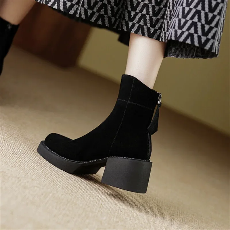 New Winter Ankle Boots Round Toe Boots Cow Suede Women Shoes Chunky Heels Shoes for Women Thermal Wool Boots Platform Shoes