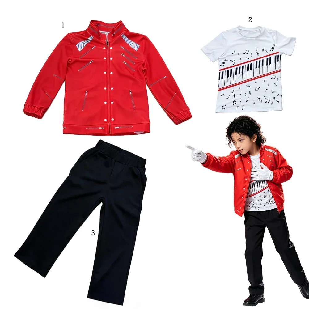 2026 Boys Moonwalk Red Jacket Costume Set Piano Print T Shirt Black Pants forKids Stage Show Halloween Singer Cosplay Outfit