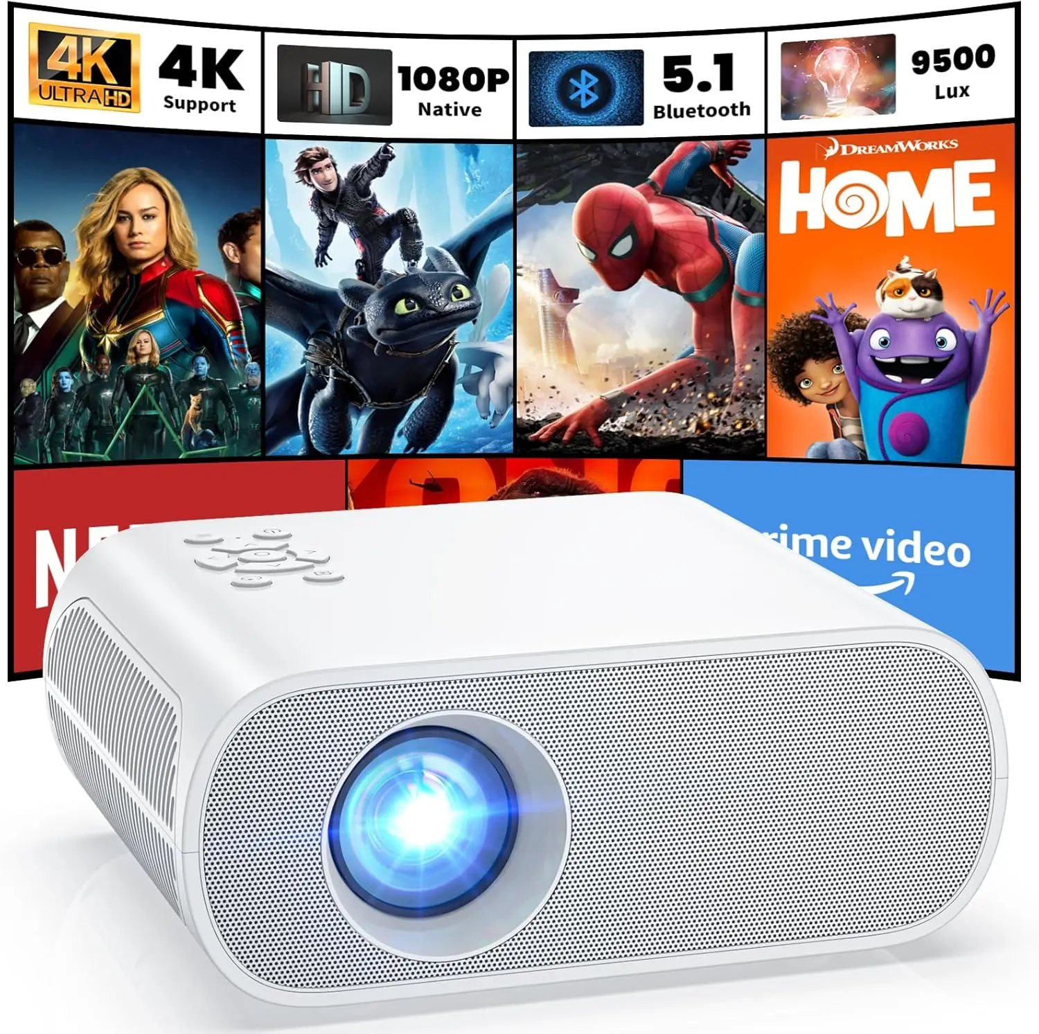 

Проектор 1080P Full HD с Bluetooth, 9500 люмен, портативный, для просмотра фильмов на открытом воздухе, совместим с ноутбуком, смартфоном, ТВ-приставкой, Xbox, PS5
