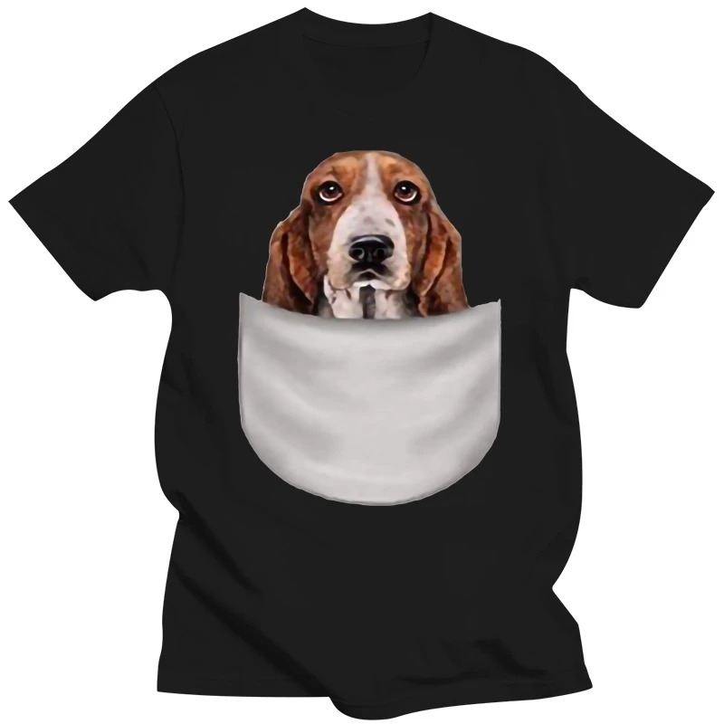 New Arrival Mens T-shirt T-Shirt, Basset Hound Gazing Out from Pocket, Dog hip hop street T-shirt