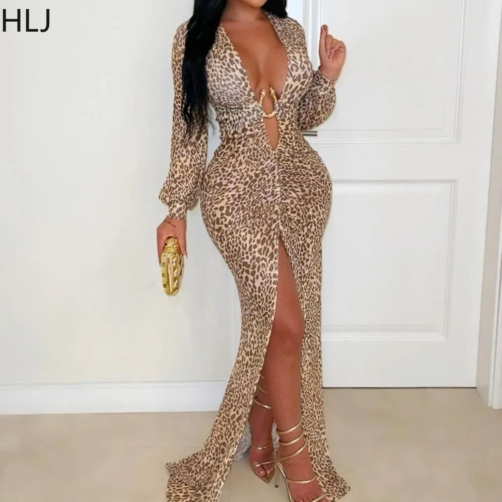 

HLJ Sexy Leopard Print Bodycon Dresses Women Deep V-neck Long Sleeves High Slit Patchwork Dress Female Streetwear Vestidos New