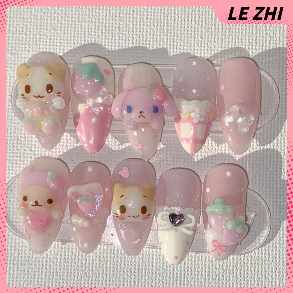 Cute Rabbit Bear Cat 3D Animals Press On Nails Art Stickers Strawberry Dot Pattern Note Almond Manicure Fake Nails view 2