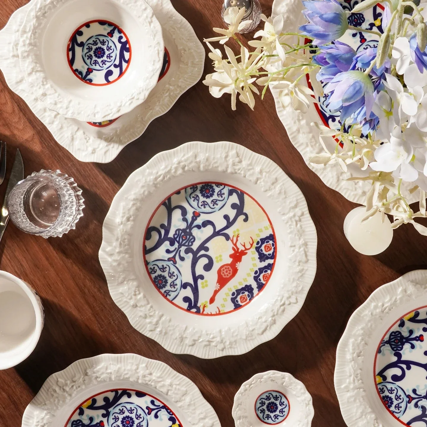 Vintage delicate lace-shaped ceramic tableware, household dishes and plates set