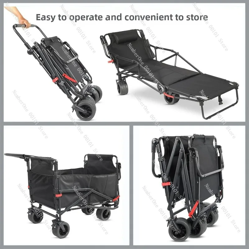 Multifunctional Folding Camp Cart, Quick‑convert Recliner Camp Bed, Large Capacity Wagon for Beach Outdoor Activities