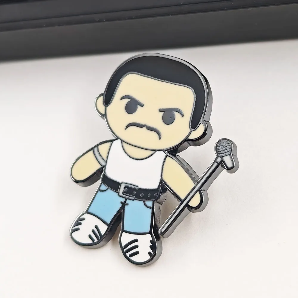 Classic Rock Band Lead Singer Badge Cartoon Style Singer Image Enamel Pin Q-version White Vest Microphone Brooch Ans Accessories