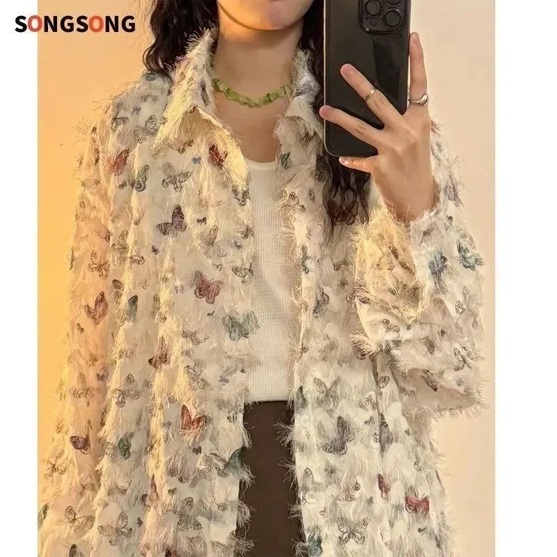 Shirts & blouses Spring and Summer Thin Long-sleeved Shirt Female Design Sense Niche Artistic Sense Floral Polo Collar Shirt