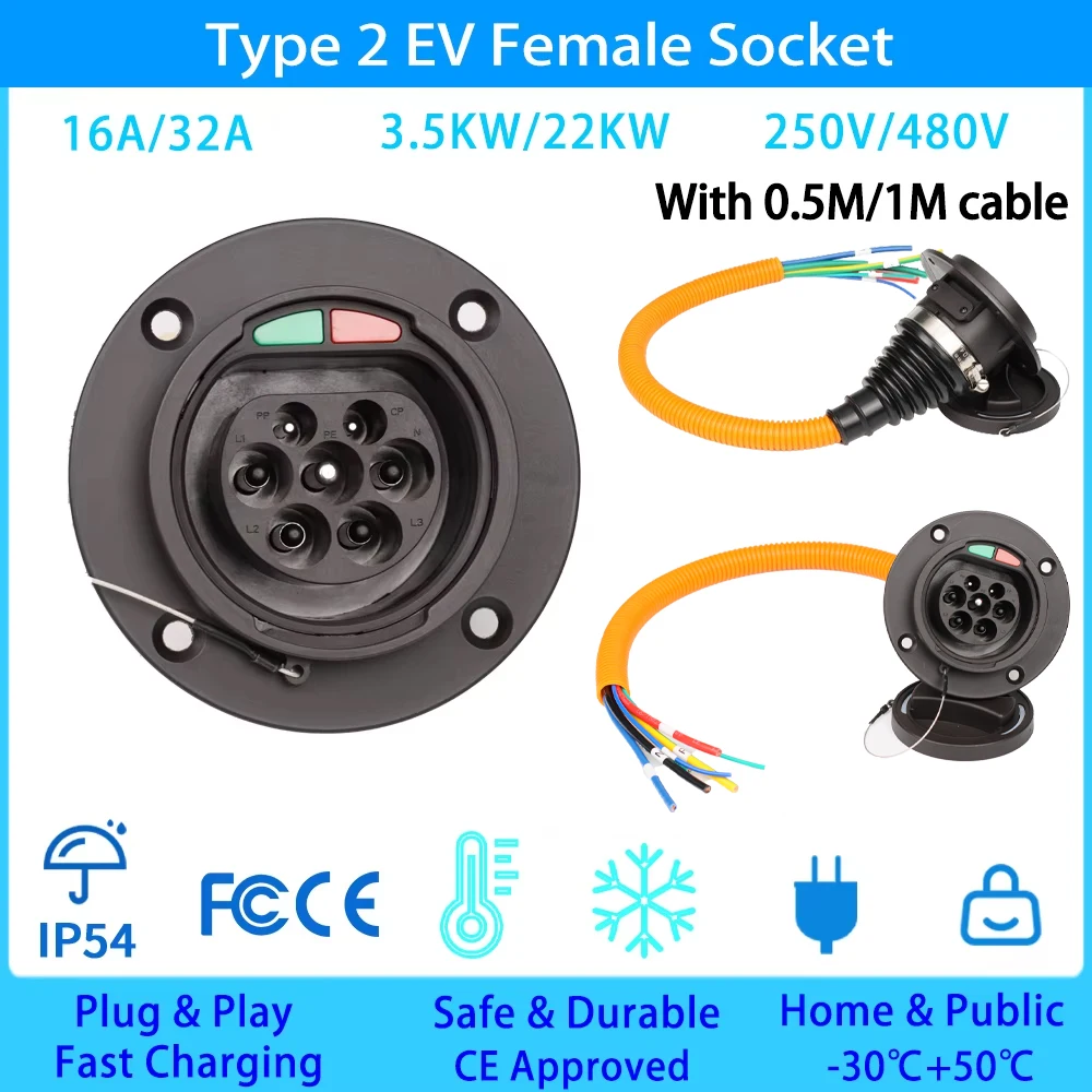 Type2 EV Car Socket 16A/32A 250V/480V 3.5KW/22KW Electric Vehicle Charging Socket Connector for IEC 62196 Charger Type2 Socket