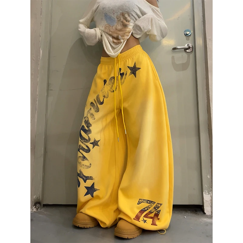 Unisex Quick‑Dry Hip Hop Sports Casual Pants Wide Leg Trousers Gradient Star Letter Print Drawstring Elastic Waist Sweatpants