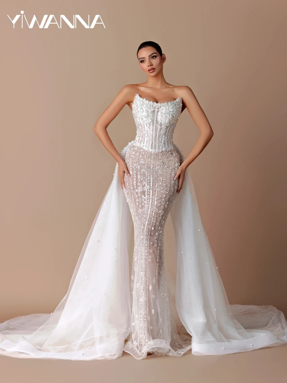 

Detachable Train Beaded Pearls Long Wedding Dress Sexy Illusion Strapless Bridal Gown Customized Dreamy Dresses For Bride